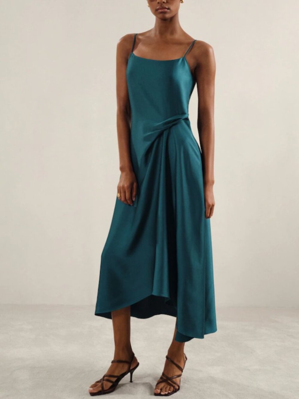 REISS Zoey Satin Drape-Detail Slip Midi Dress Teal Quiet Lux Classic